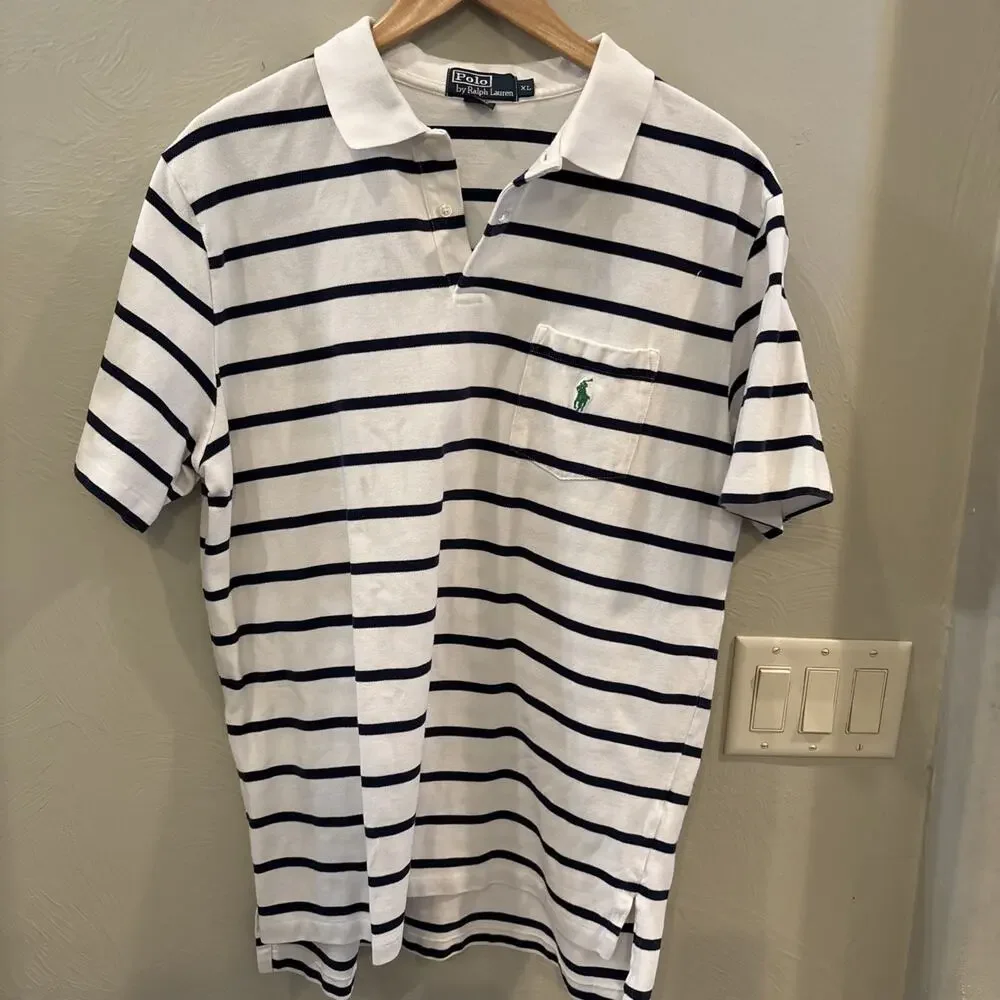 Vintage Polo by Ralph Lauren Blue White Striped 100% Cotton Men's XL Polo‎ Shirt